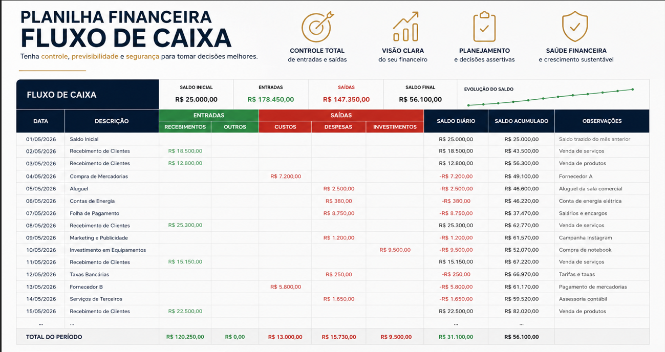 Planilha de fluxo de caixa com entradas, saídas e saldo acumulado